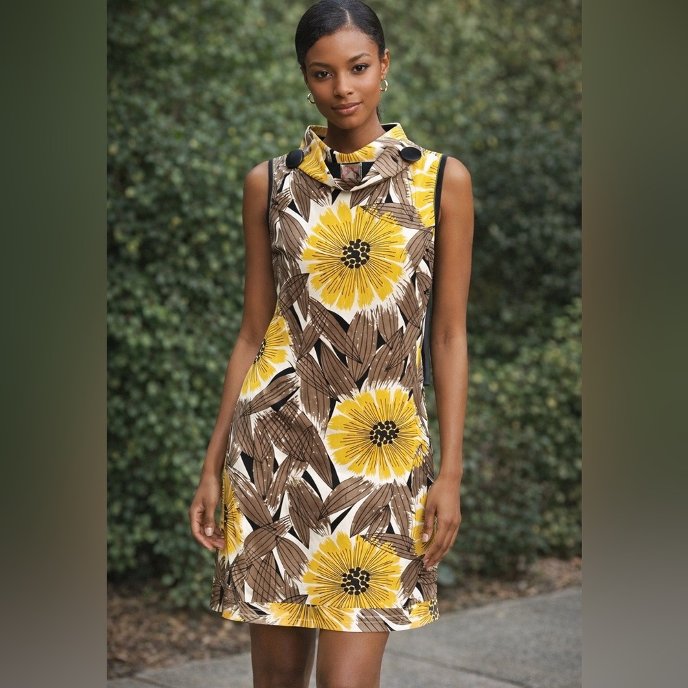Yoana Baraschi Yellow and Brown Patterned 100% Silk Dress Medium - Picture 1 of 7